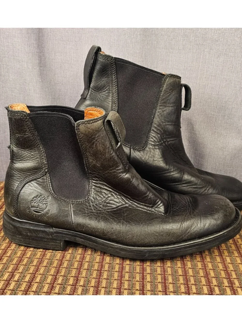 Timberland Mens Black Leather Waterproof Chelsea Boots Size 12M Durable Outsole